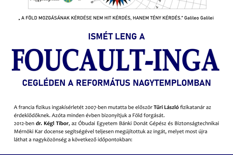 Ismét leng a Foucault-Inga Cegléden a Református Nagytemplomban